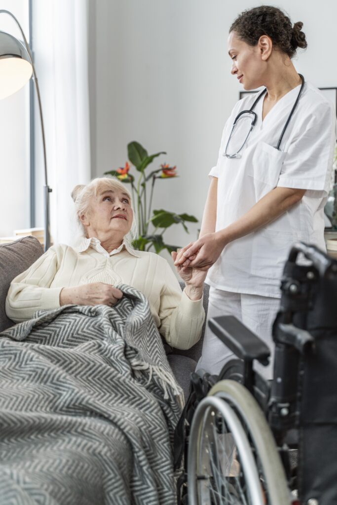 home healthcare senior woman talking with her doctor 683x1024